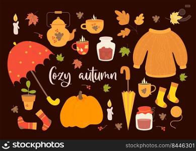 Vector set cozy autumn. Umbrella, sweater and knitted socks, jar of jam, cup, kettle and hot tea, autumn leaves and pumpkin. Isolated elements for fall design and decor, cards and printing 