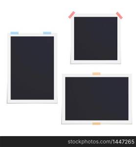 Vector set empty photo frames with scotch tape isolated on white background. Vertical horizontal and square shaped cards
