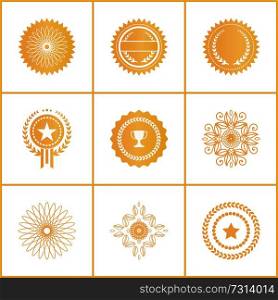 Vector set exclusive golden stamps certificate labels watermark, seals with star, champion cap, laurel branches abstract graphic elements waves and lines. Vector Set Exclusive Golden Stamps Certificate Labels