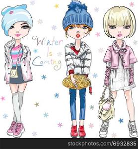 Vector SET fashion girl in winter clothes. Vector SET of beautiful fashion hipster girl in winter clothes, sneakers, jacket and hat with bag