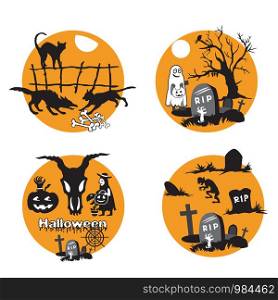 Vector Set for Halloween, four small illustration with characters of Halloween ( werewolf and cats, ghost with grave and dead tree, Halloween symbols, scary creature among the graves). Stock image for designe