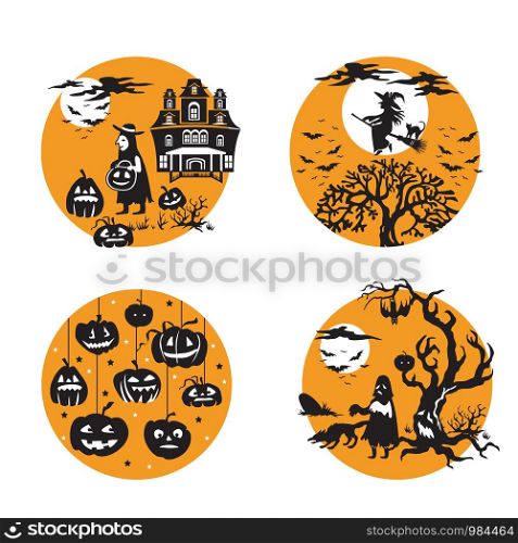 Vector Set for Halloween, four small illustration with characters of Halloween boy in costume and haunted house, flying witch and bats, Halloween pumpkins, ghost in scary forest). Stock image for designe