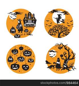 Vector Set for Halloween, four small illustration with characters of Halloween boy in costume and haunted house, flying witch and bats, Halloween pumpkins, ghost in scary forest). Stock image for designe