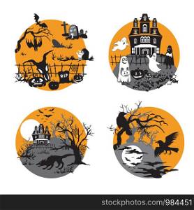 Vector Set for Halloween, four small illustration with characters of Halloween (cemetery, spooky ghost house, dead forest with haunted house and werewolf, terrible forest with crows). Stock image for designe
