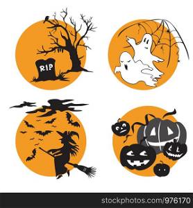 Vector Set for Halloween, four small illustration with characters of Halloween (ghosts with web, witch flying on a broomstick, grave with a dead tree and Halloween pumpkins). Stock image for designe