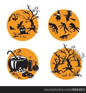 Vector Set for Halloween, four small illustration with characters of Halloween (grave with tree, Halloween evil spirits, cauldron with bones and group of scary dead trees). Stock image for designe