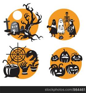 Vector Set for Halloween, four small illustration with characters of Halloween (graves with scary dead tree, children in Halloween costume, cauldron with web and Halloween pumpkins). Stock image for designe