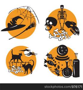 Vector Set for Halloween, illustration with characters of Halloween (skeleton and skulls, witch hat, web and broomstick, black cats in full moon time, Halloween candy, bottle and crystal ball). Stock image