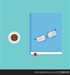 Vector set for reading a book. Book, coffee and glasses