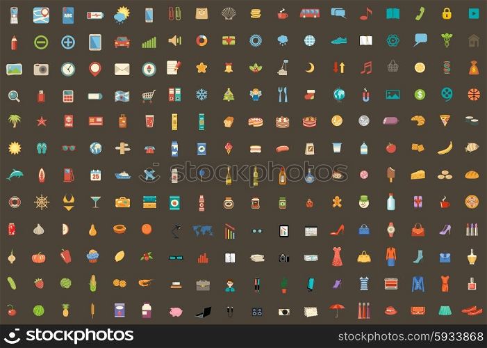 Vector set from 216 icons on different subjects. dark background