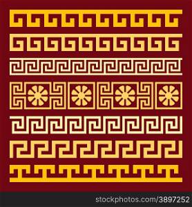 vector set gold Greek ornament Meander. Traditional vintage golden square Greek ornament Meander on a red abackground