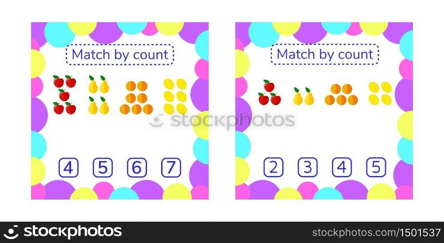 vector set illustration. counting game for preschool children. count items in the picture and choose the right answer. Kids worksheets. Apples, pears, oranges, lemons.. counting game for preschool children. count items in the picture and choose the right answer. Kids worksheets. Apples, pears, oranges, lemons.
