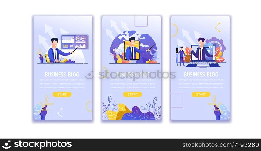 Vector Set Illustration View Business Blog Online. Banner Image Male Presenter Talk About Situation Financial Indicator Stock Exchange. Study Business Growth Strategy Financial Market. Economic Graph