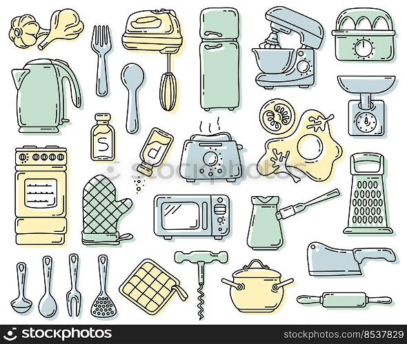 Vector set in a hand-drawn style with a colored background, kitchen utensils, household appliances and products