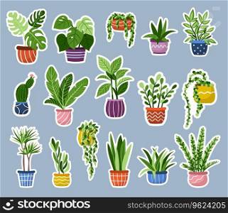 Vector set indoor houseplants in pot stickers. Collection of hand drawn doodle exotic plants icons. Ficus, cacti, succulent, monstera badges