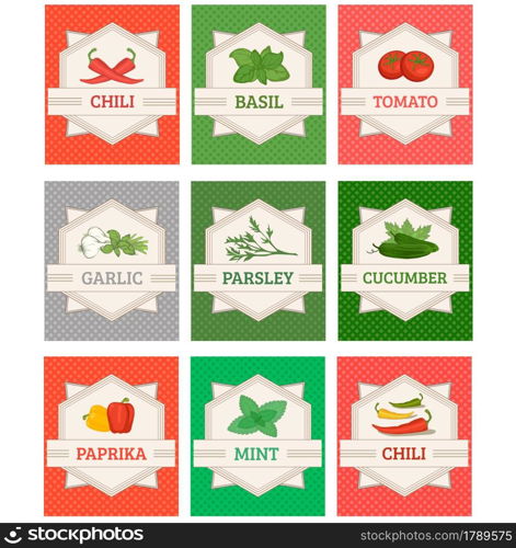 vector set labels of garlic, basil, chili, pepper ,mint and paprika
