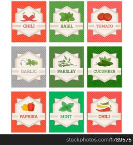 vector set labels of garlic, basil, chili, pepper ,mint and paprika