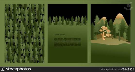 Vector set mystic and elf theme. Nature and green forest, a pattern of fir trees, a picture with places for text and a mystical forest with a golden tree. Black, green and gold colors with gradient for decoration, clipart