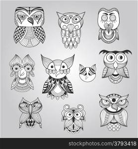 Vector Set of 10 Doodle Owls, fully editable eps 10 file