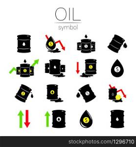 Vector set of 16 sign oil. Black symbol petroleum, dollar money, solated on white background. global financial crisis. Barrel silhouette and spot liguid. Industry of exploration, Petrochemical.. Vector set of 16 sign oil. Black symbol petroleum, dollar money, solated on white background. global financial crisis. Barrel silhouette and spot liguid. Industry of exploration, Petrochemical