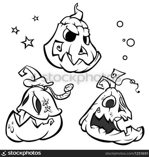 Vector set of 3 funny Halloween pumpkin head outlines