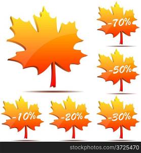 Vector set of 3D maple leaf discount labels isolated on white background.