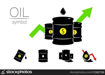 Vector set of 5 sign oil. Black symbol petroleum, dollar money, isolated on white background. global financial crisis. Barrel silhouette and spot liguid. Industry of exploration, Petrochemical.. Vector set of 5 sign oil. Black symbol petroleum, dollar money, isolated on white background. global financial crisis. Barrel silhouette and spot liguid. Industry of exploration, Petrochemical