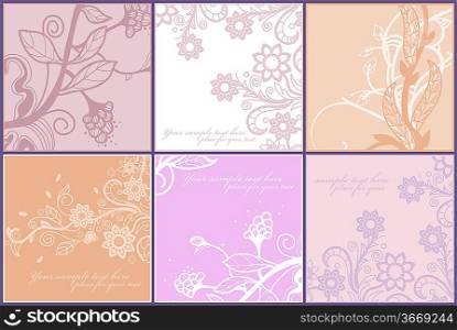 vector set of 6 floral cards with bright blooming flowers and plants