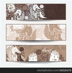 vector set of abstract banners with funny foxes and houses