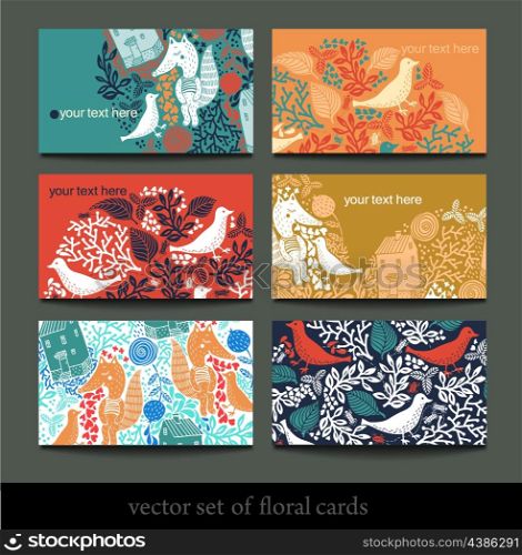 vector set of abstract cards with fantasy birds and foxes
