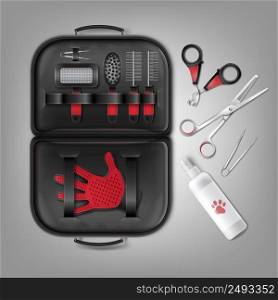 Vector set of accessories for grooming of cats and dogs with combs, nail clipper and brushes. Top view, isolated on gray background. Set of grooming pets