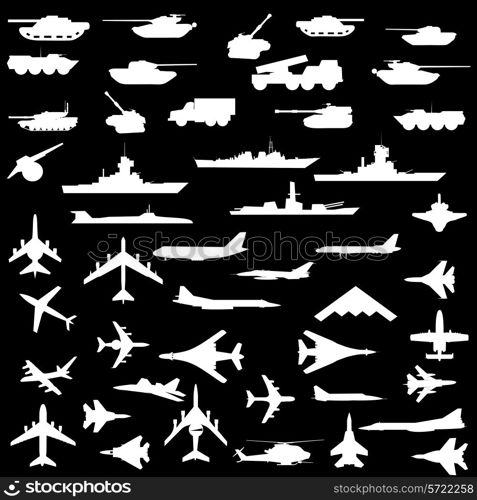 Vector set of aircraft, armored ships and guns.