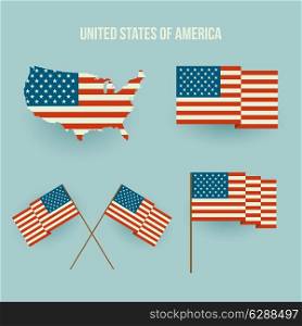 Vector Set of american flag and map. Flat design