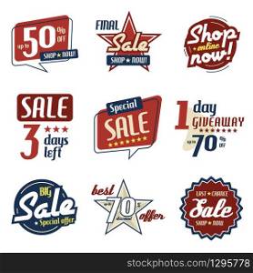 Vector set of American style Sale Signboards and badges. Sale, shop now, discounts, 1950&rsquo;s logo style
