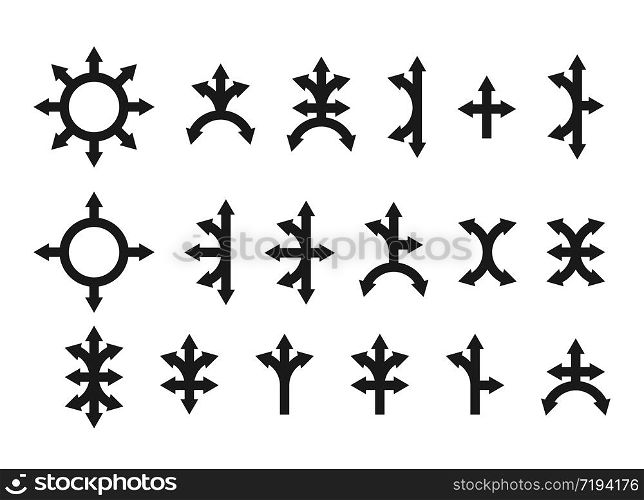 Vector set of arrows in different directions, filled silhouette isolated on a white background, flat modern design. Stock illustration for websites and apps