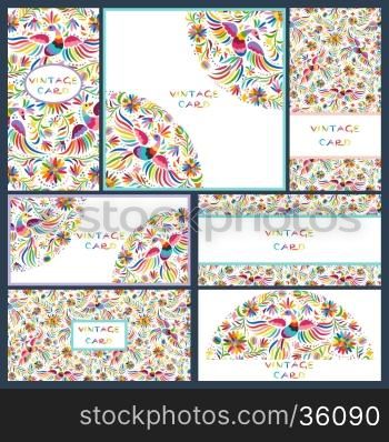 Vector set of artistic creative business cards with Floral Mexican embroidery pattern and ornaments. Hand Drawn textures. Applicable for wedding, anniversary, birthday, Valentine day, party. Design for covers, banner, poster, card, invitation, placard, flyer.