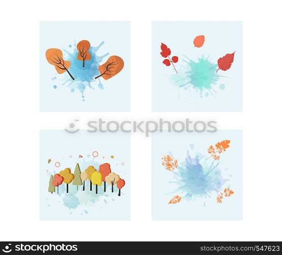 Vector set of autumn backrounds with watercolor splash blots and autumn trees, leaves. Templates for season design.