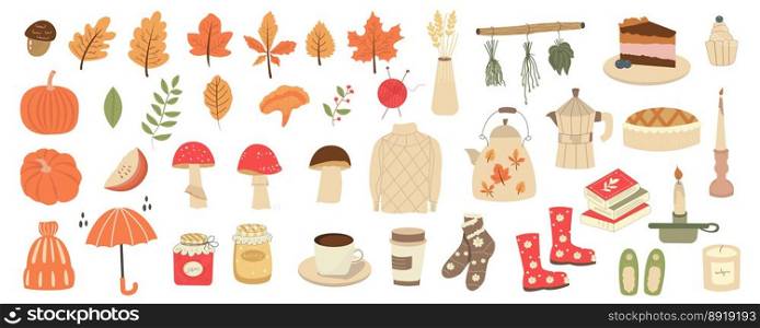 Vector set of autumn icons  sweater,≤aves, cozy food, cand≤s, a book and a cute kett≤. A col≤ction of e≤ments with e≤ments of the autumn season. Bright background for harvesting. Autumn greeting card. Vector set of autumn icons  sweater,≤aves, cozy food, cand≤s, a book and a cute kett≤. Bright background for harvesting. Autumn greeting card.