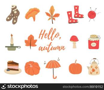 Vector set of autumn icons  sweater, falling leaves, cozy food, candles, books, and pumpkin. Collection of clippings with elements of the autumn season. Bright background for harvesting. Autumn greeting card. Vector set of autumn icons  sweater, falling leaves, cozy food, candles, books, and pumpkin. Collection of clippings with elements of the autumn season.
