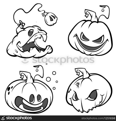 Vector set of Back And White Scaring Halloween Pumpkins. Cartoon Illustration isolated