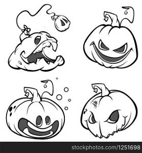 Vector set of Back And White Scaring Halloween Pumpkins. Cartoon Illustration isolated