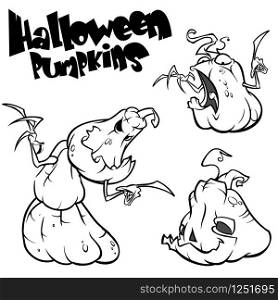 Vector set of Back And White Scaring Halloween Pumpkins outlines. Cartoon Illustration isolated