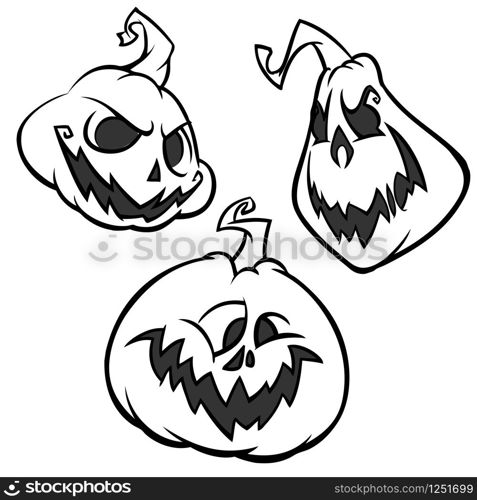 Vector set of Back And White Scaring Halloween Pumpkins with various expressions. Cartoon coloring characters outlines