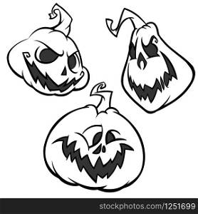 Vector set of Back And White Scaring Halloween Pumpkins with various expressions. Cartoon coloring characters outlines