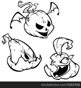 Vector set of Back And White Scaring Halloween Pumpkins with various expressions. Cartoon coloring characters