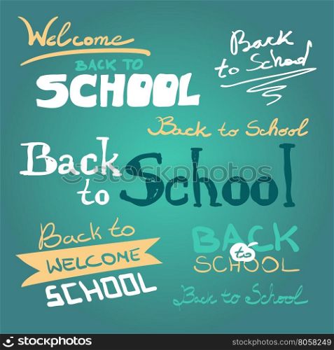 Vector set of back to school sketch style elements. Typography and lettering vintage print welcome template. Graphic design for poster, advertising