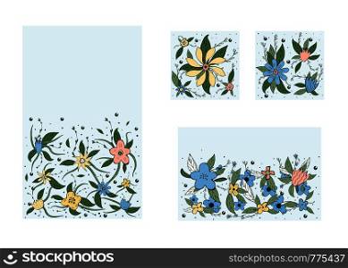 Vector set of banners template with field flowers and leaves set. Doodle style backgrounds with space for text.