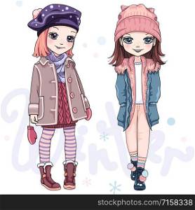 Vector SET of beautiful fashion girls in winter clothes. Vector SET girls in winter clothes