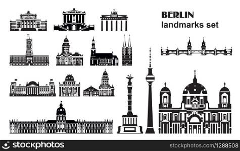Vector set of Berlin landmarks, Germany. Monochrome isolated illustration. Berlin travel concept. Horizontal illustration of main landmarks isolated on white background. Stock illustration