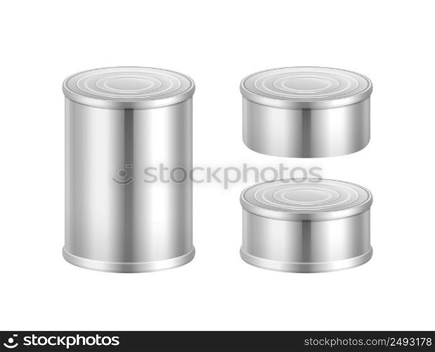 Vector set of big and small steel tin cans isolated on white background. Vector set of canned goods